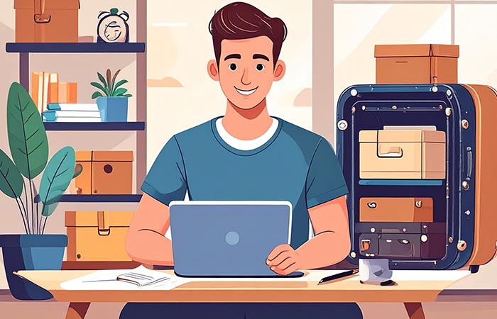 Illustration af ung mand, der underviser online fra sin bærbare computer hjemmefra