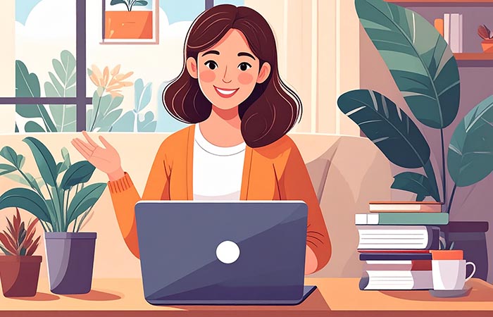 Illustration af ung kvinde, der underviser online fra sin bærbare computer